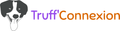 Logo représentant le visage d'un chien en noir et blanc avec le texte Truff'Connexion écrite en violet et orange
