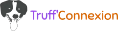 Logo de Truff'Connexion - éducation et comportement canin à Grenoble. Il représente le visage d'un chien la gueule entrouverte et la langue sortie, en noir et blanc avec le texte Truff'Connexion écrite en violet et orange à côté